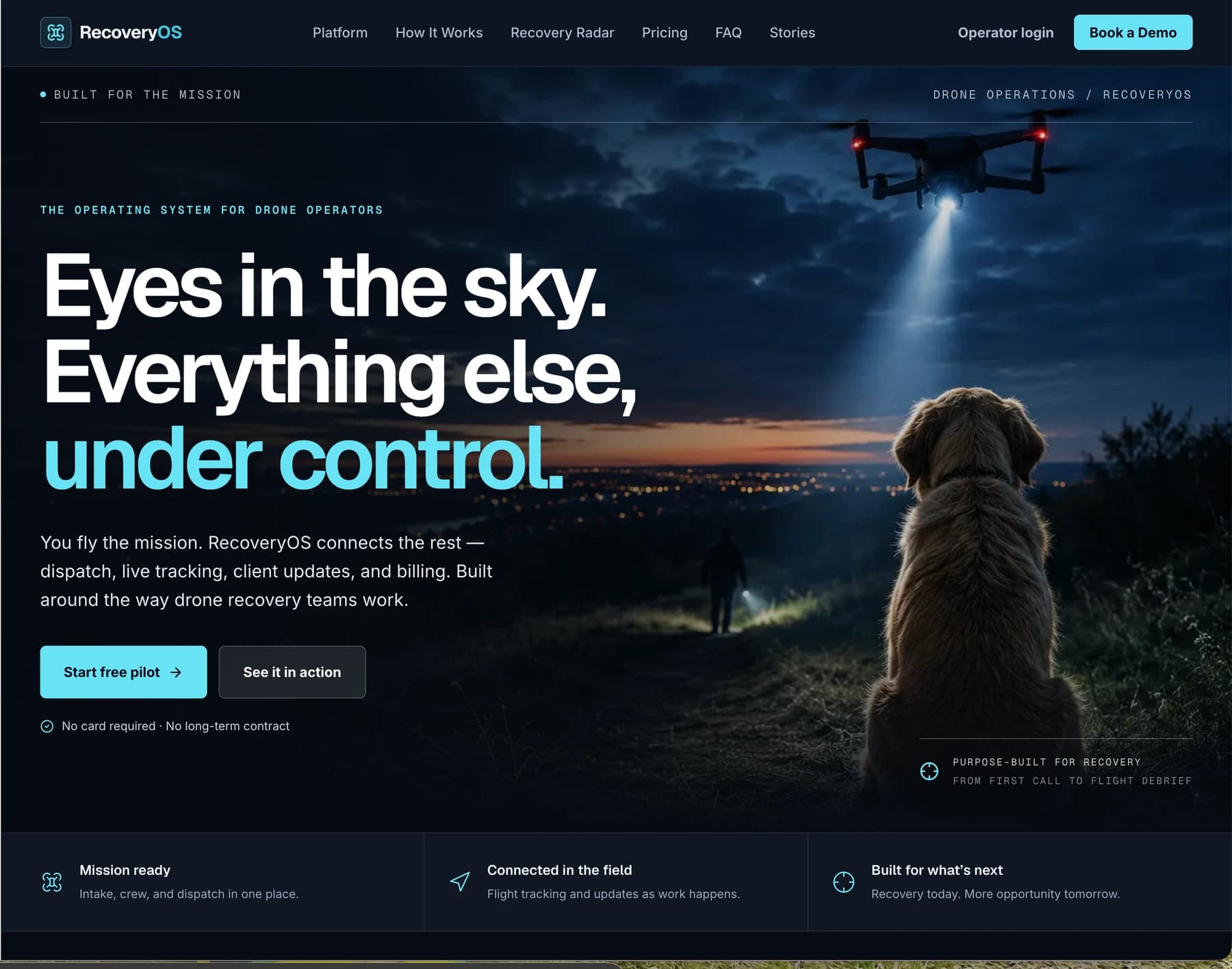 RecoveryOS homepage — Eyes in the sky. Everything else, under control.