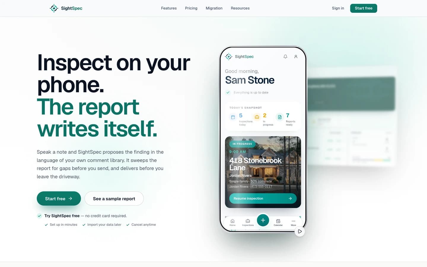 SightSpec website — Inspect on your phone. The report writes itself.