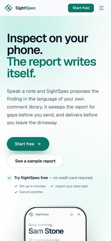 SightSpec website on mobile
